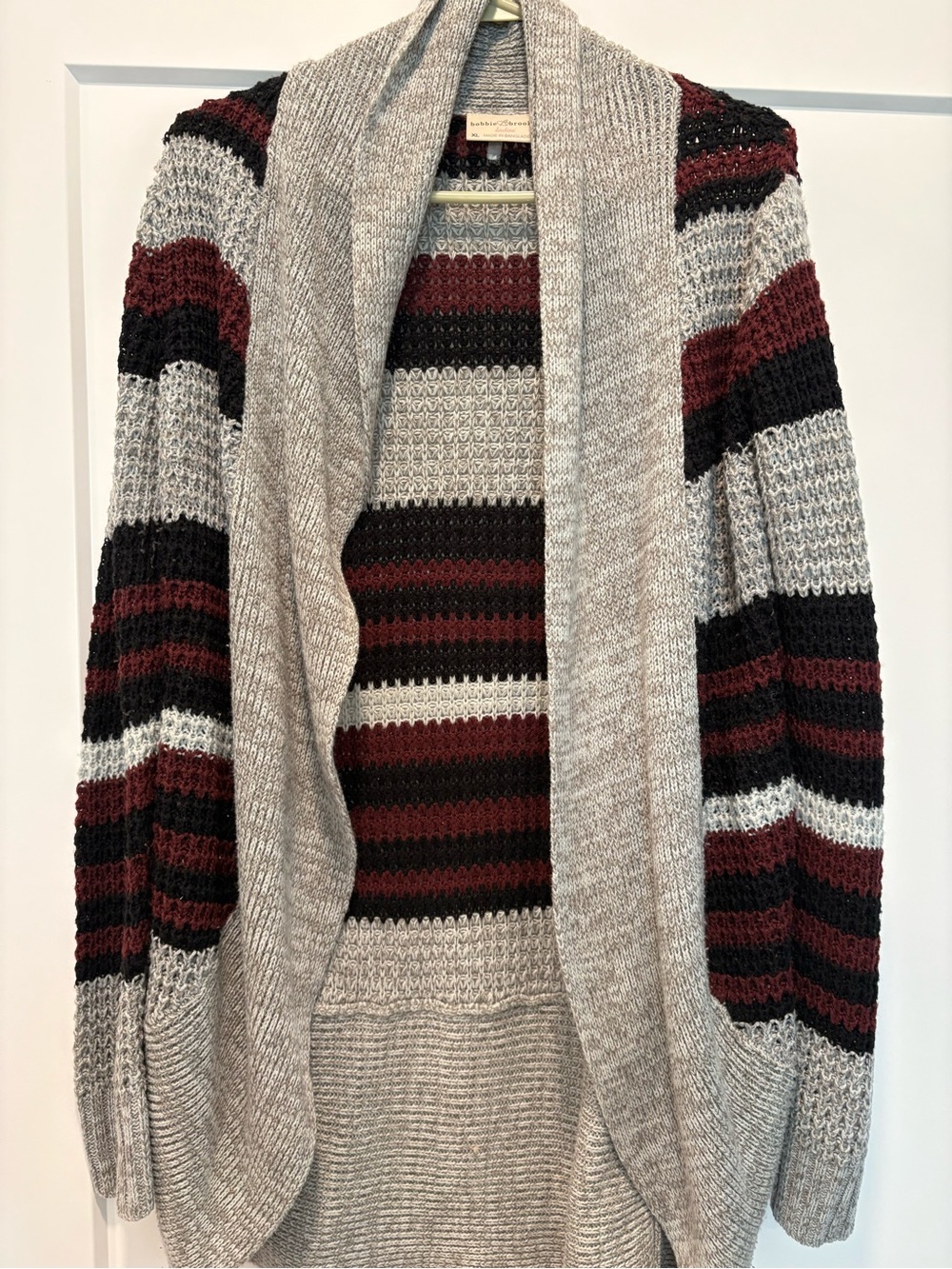 Bobbie Brooks Beige Open-Front Cardigan with Burgundy & Black Stripes
